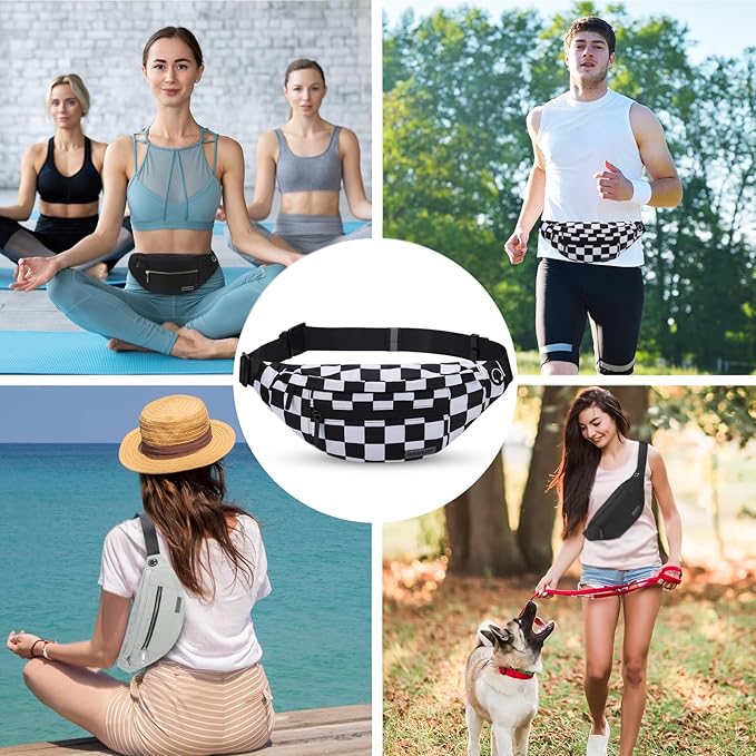 MAXTOP Large Checkered Fanny Pack Crossbody Belt Bag for Shopping Traveling | Black and White Checkered,4-Zipper Pockets,Enjoy Shopping Sports Running Casual Hands-Free Passport Waist Bag