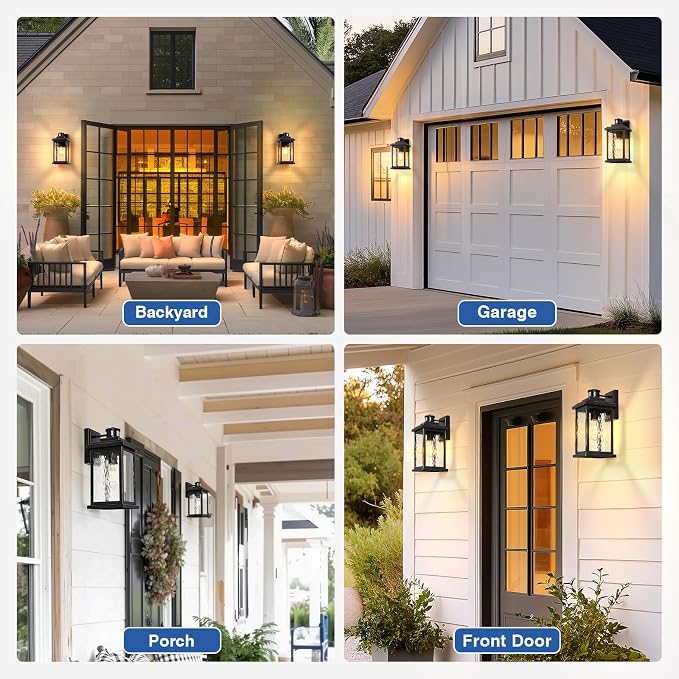 VIANIS Large Motion Sensor Outdoor Lights, Dusk to Dawn Outdoor Lighting | Easy-Install, Waterproof Aluminum, Water Glass, Black Exterior Lights for Porch, Garage, Front Door, Adjustable Sensing Range
