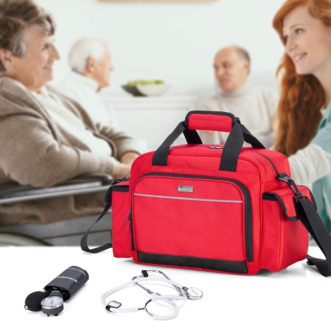 Trunab Home Health Nurse Bag Empty, Portable Medical Supplies Shoulder Bag | for Hospice, Home Visit, Hospital Interns, Red, Bag Only
