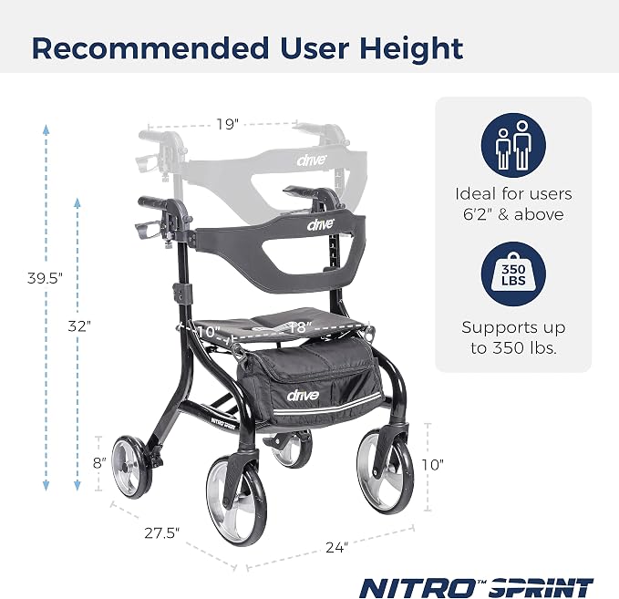 Drive Medical Nitro Sprint Rollator Walker with Seat, Tall Size, Black | Lightweight Rollator with Large Wheels Offers Compact Folding Design for Tall Size Everyday Comfort Use