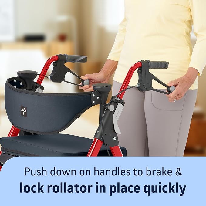 Medline Rollator Walker with Seat, FSA/HSA Eligible Rollator Walker for Seniors, 8” Wheels, Memory Foam Seat, Folding Rollator, 300 lb Capacity, Cupholder, Microban* Protection, Red