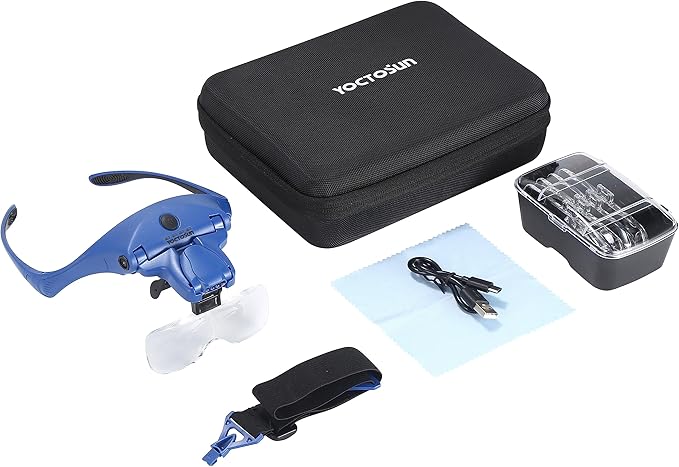 YOCTOSUN Magnifying Glasses with 4 LED Lights 5 Lenses Headband Storage Case Hands Free Lighted Head Magnifier for Crafts Cross Stitch Painting Close Work and Hobby