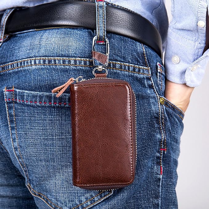 Large Leather Key Case Wallet with 12 Hooks & 1 Keychain/Ring for Men or Women