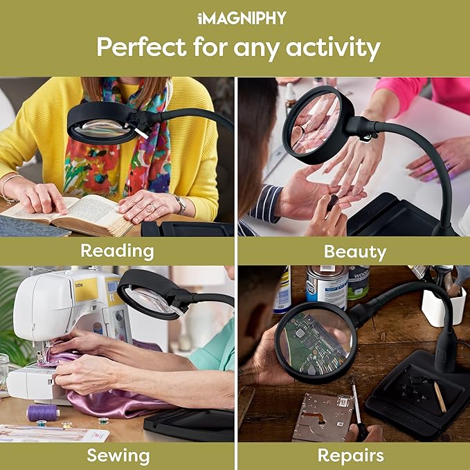 8X Desk Magnifying Light - Magnifying Glass for Reading and Crafts with 6 LEDs (No Glare, No Flickering) - Magnifying Lamp with Light and Stand, 2 Brightness Settings - Ideal for Seniors