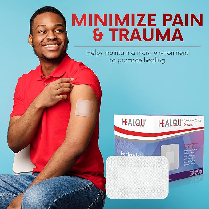 HEALQU Bordered Gauze Island Dressing - 50 Count, 2.4"x4" Sterile Individually Wrapped Gauze Pads with Water-Resistant, Non-Woven Backing - Soft and Breathable Wound Dressing for First Aid & Medical