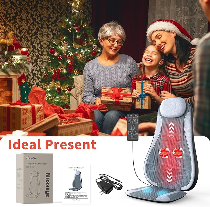 Shiatu Back Massager with Heat, Kneading Rolling Vibration Chair Massager for Deep Tissue Pain Relief, Massage Chair Pad for Home & Office, Ideal Gift for Dad & Mom