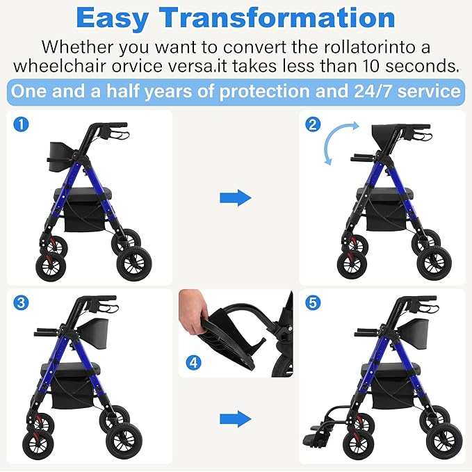 Walkers for Seniors,Heavy Duty Rollator Walker Wheelchair Combo, 2 in 1 Rollator Transport Chair with Brakes, 450 lb Rolling Walker 10" Big Wheels for All Terrain, Blue