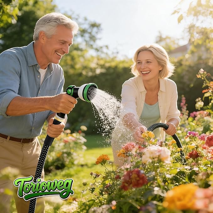 25ft Lightweight Non-Expandable Garden Hose with 10-Pattern Nozzle - Anti-Kink, Durable Triple-Layer Construction, Flexible All-Weather Hose for Watering, Car Wash, Pet Bathing