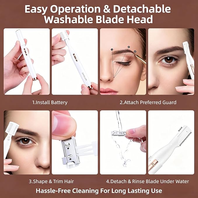 Upgraded Eyebrow Trimmer, Precision Electric Razor for Women Men, Battery Operated Painless Facial Hair Remover with Adjustable Comb & Washable Blade (Face, Upper Lip, Chin, Neck)