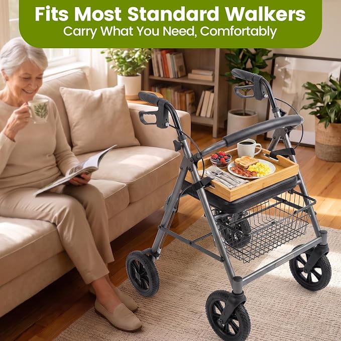 Walker Tray with 2 Adjustable Straps | 15.7"x11.1" Bamboo Walker Tray for Folding Walker, Rollator | Multipurpose Tray for Eating, Laptop, Crafts, Medical Equipment Accessories for Seniors