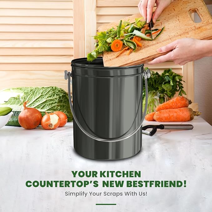 Utopia Kitchen Countertop Compost Bin 1.3 Gallon, Stainless Steel, Grey | Odorless countertop compost bin with charcoal filter, ideal for food scraps and waste