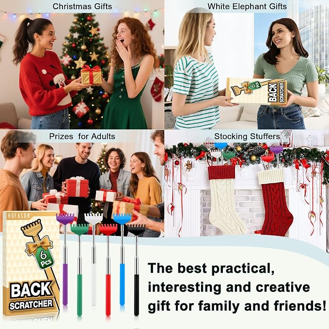 HOFASON Back Scratcher 6 Pack, Stocking Stuffers for Men Teens Adults Women | Prizes for Adults, Christmas Small Bulk Gifts for Adults Men Teens Women, Party Favors, White Elephant Gag Birthday Gifts