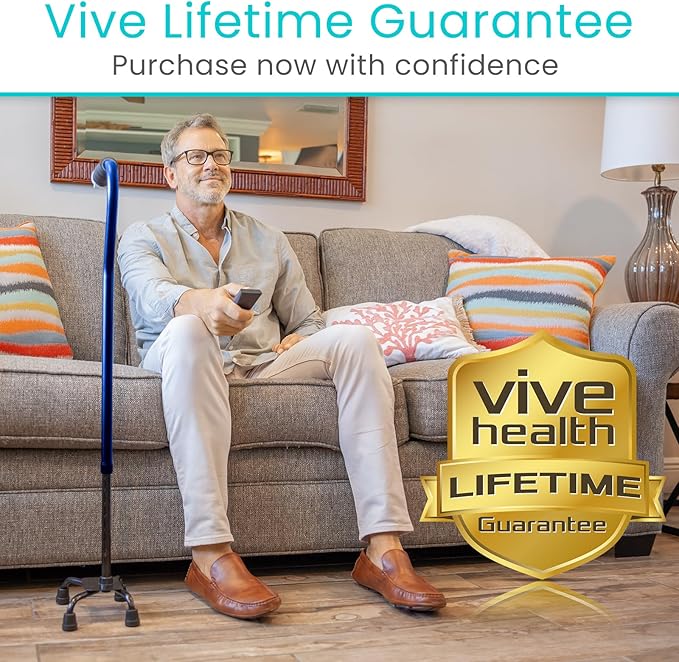 Vive Quad Cane - Walking Stick for Men and Women - Lightweight Adjustable Staff - Comfortable Right and Left Hand Grip for Stability Support - Four Prong Sturdy Aluminum Travel Aid - 4 Tip Dark Blue