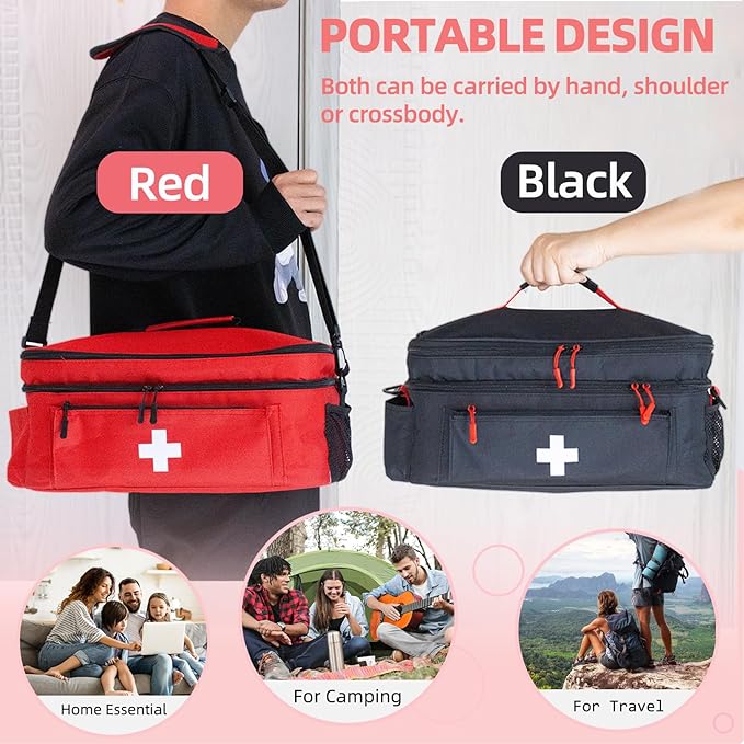 First Aid Bag Empty Large Medical Bag with Shoulder Strap 16”x 9.5” x 7” Medicine Organizer Travel First Aid kit Emergency Supplies Storage Bag for Car, Home, Office, Outdoor (Black)