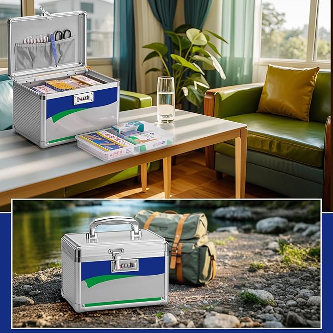 Medicine Storage Box with Code, Empty First Aid Box with Size 10 * 6 * 6.7”, Safe Medication Storage Organizer for Home, Outdoor, Dorm- Silver