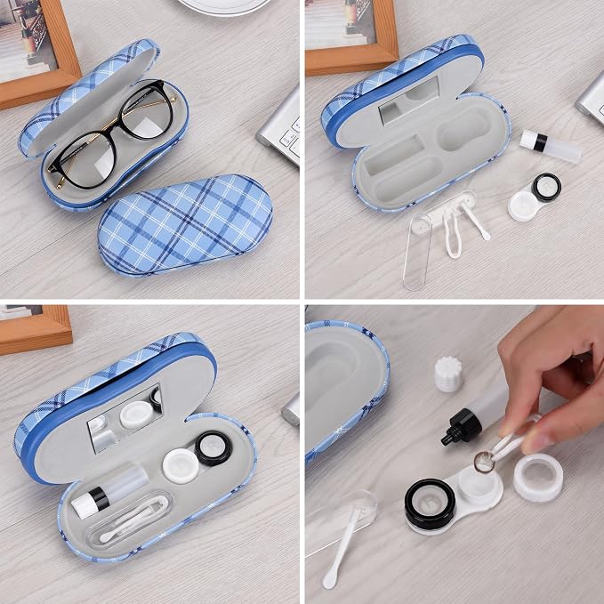 Muf 2 in 1 Contact Lens Case and Glasses Case, Double Sided Design with Mirror, Portable Travel Kit with Tweezer, Remover and Solution Bottle, Blue Plaid