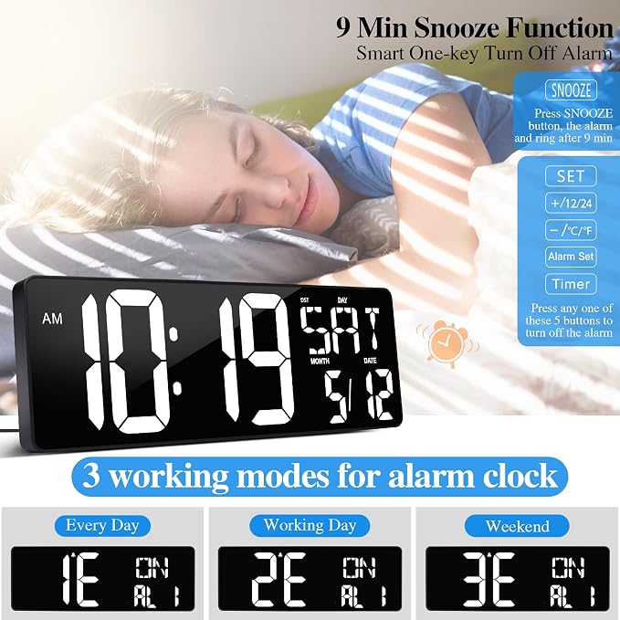 17.2"Large Digital Wall Clock Large Display with Remote Control 180°Visible | Timer with Temperature Date Week Auto DST Adjustable Brightness, for Living Room Classroom Garage Gym Gift for Senior Mom Dad