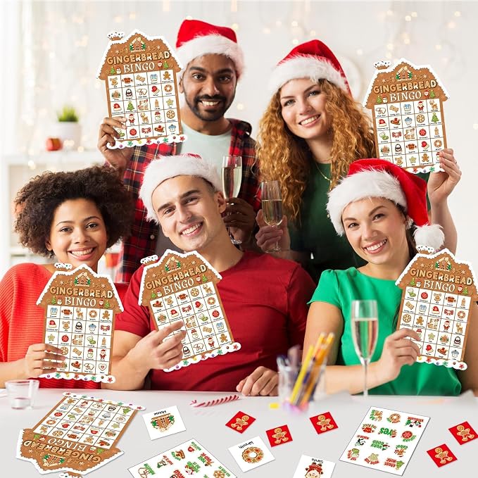 39Pcs Christmas Gingerbread Themed Bingo Game for Kids Adults 24 Players Christmas Baking Game Cards with Reward Stickers for Family Friends Students Large Group Activities Winter Holiday Party Favors