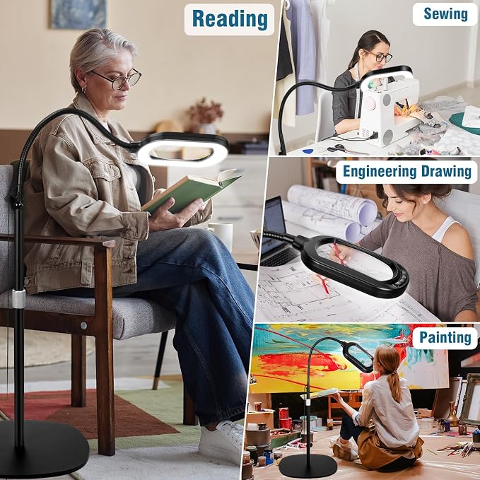 Large Magnifying Glass with Light and Stand, 15X Rectangle Optical Real Glass Lens, Height Adjustable Gooseneck Magnifier Floor Lamp, 5 Color Modes LED Dimmable Lighted Hands Free for Close Work Craft
