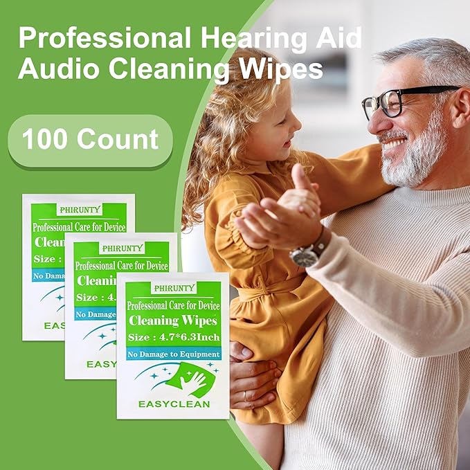 100 Count Hearing Aid Cleaning Wipes Individually Packaged Hearing Aid Audio Wipes Cleaning Tool Kit Accessories Supplies, Suitable for All Hearing Aid Brand and Hearing Aids Type(Big Size)