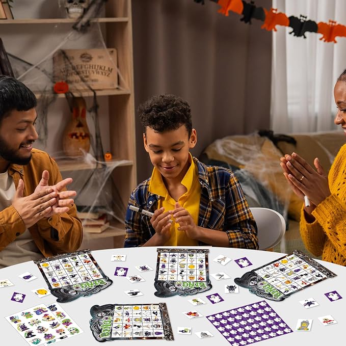 39 Pcs Halloween Party Bingo Game for Adults Kids 24 Players Tomb Shaped Bingo Game Card with Rewards Stickers for Families Friends Students Large Group Gathering Activities Boo Spooky Party Favors