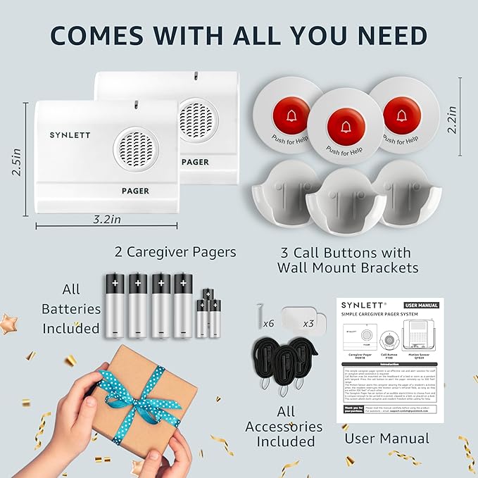 Caregiver Pager Wireless Nurse Call Button for Elderly Home Monitoring Alert System Portable Alarm Bell Seniors Patients Emergency 3 Call Buttons, 2 Pagers