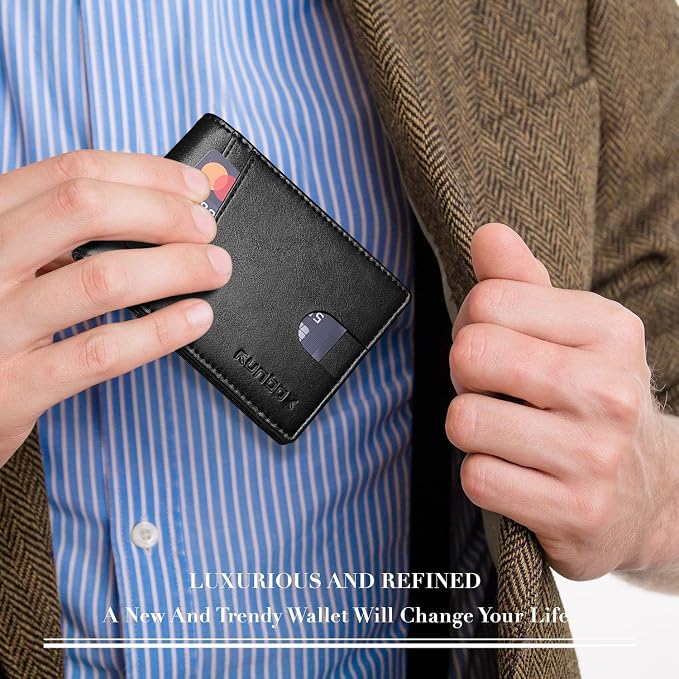 RUNBOX Wallet for Men -Slim Rfid Leather Mens Bifold Novelty Wallets 2 ID Window With Gift Box Men's Accessories | Minimalist Front Pocket Design, Holds 15 Cards, Large Capacity with Cash Pocket,Compact and Thin, Birthday Gifts for Men