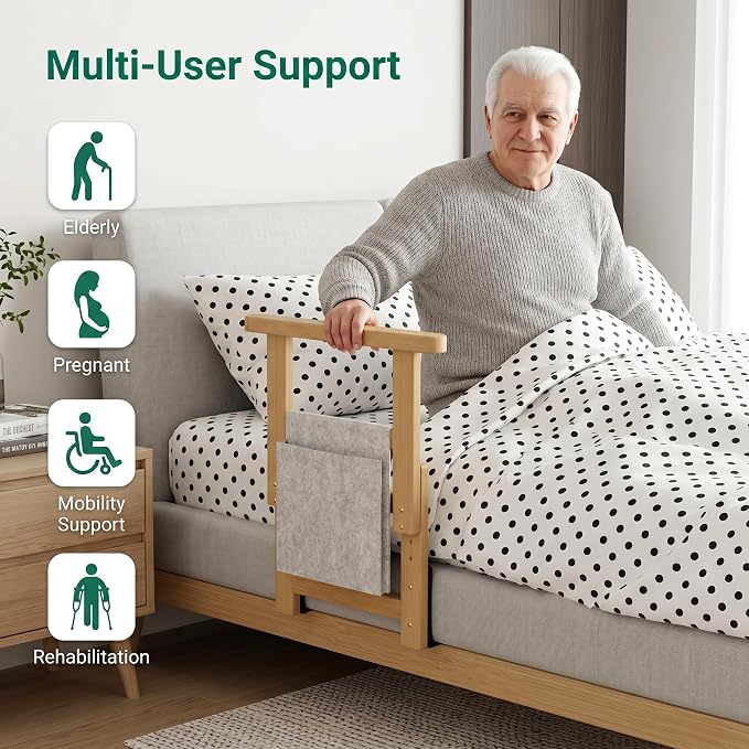 Bamboo Bed Assist Rail for Seniors Adjustable Grab Bar 300lbs Nature | Non-Slip Handle, Storage Pocket, Fits 4–12 inch Mattresses, Fits Twin, Full, Queen & King Beds