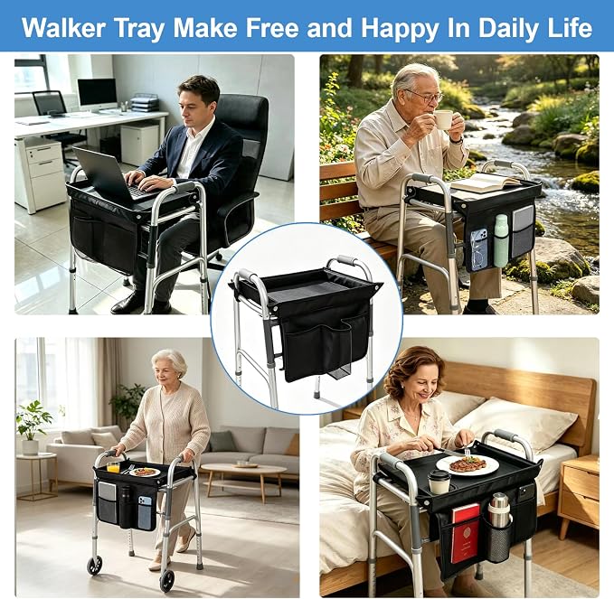 Walker Tray for Folding Walker, Removable Tray for Walker, Tray for Walkers for Seniors with Cup Holder, Fits Standard Walkers, Easy Assembly (Black)