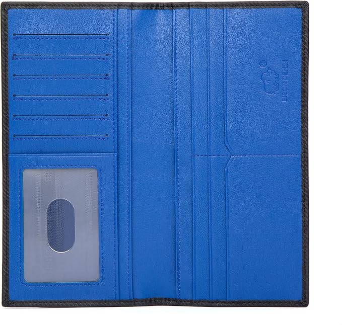 BISON DENIM Long Wallet for Men, RFID Leather Bifold, 12 Card Slots, Blue | mens long bifold wallet checkbook billfold credit card holder id window zipper coin pocket slim cowhide purse organizer