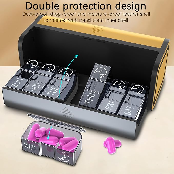 Pill Organizer, Weekly 2 Times a Day for 7 Day Leather Medicine Box Travel Container, Removable Am Pm Vitamin Case, Twice Daily Privacy Pill Holder, Portable Pillbox (Silver and Yellow)