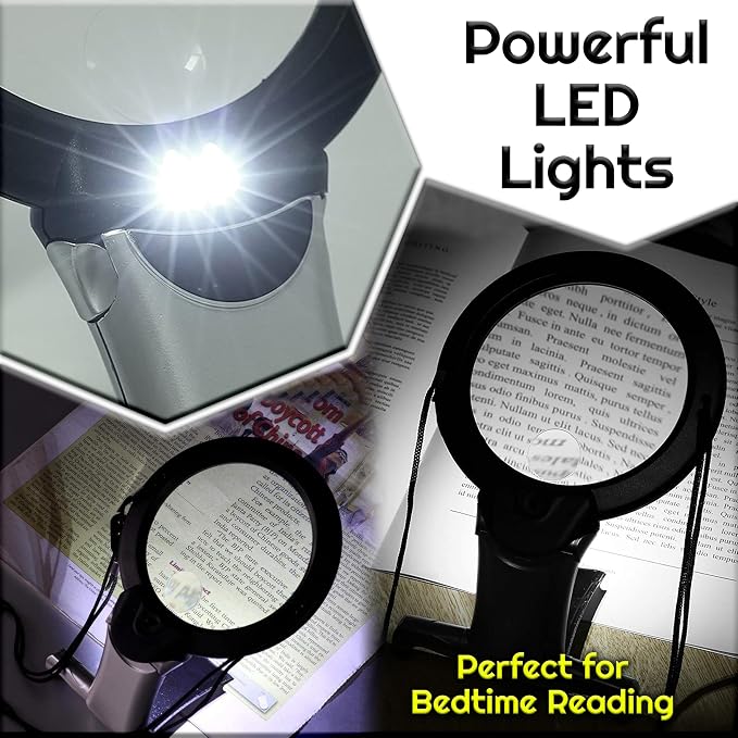 2X Hands Free Chest Rest LED Magnifier for Reading with 6X Spot Magnifying Glasses with Light for Sewing, Hobbies, Crafters, and DIY Projects – Adjustable Stand and Neck Cord for Seniors