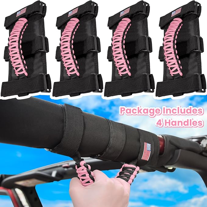 4 x Roll Bar Grab Handles Grip Handle for Jeep Wrangler JK JKU JL JLU TJ YJ Sport Sahara Freedom Rubicon Unlimited Gladiator JT 1955-2023 UTV ATV Premium Paracord Interior Accessories US Flag (Pink)