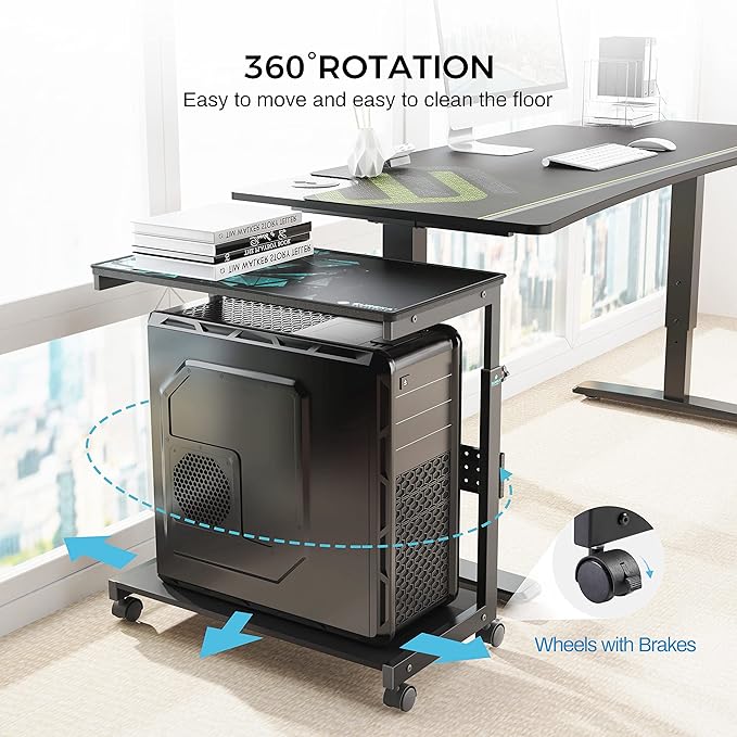 EUREKA ERGONOMIC PC Stand Computer Cart, Height Adjustable Tower Stand 2-Tier Suit for ATX Case Printer, Metal Rolling Cart on Wheels for Gaming Home Office, Black