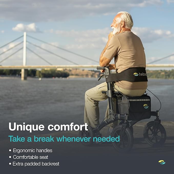 Helavo All Terrain Walker Rollator with 12” Pneumatic Tires – Foldable Outdoor Walkers for Seniors with Seat, Lightweight & Adjustable Height, Shock-Absorbing for Comfort on Any Surface