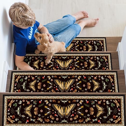 Moth Mushroom Stair Treads 15 Pack Non Slip Washable Stair Runner | 15PCS Moth Runners Non Slip Washable, Forest Mushroom Carpet Stairs, 8x30 Inch Silicone Backing