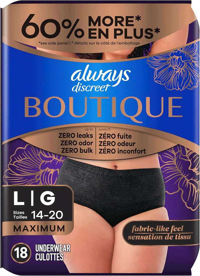 Always Discreet Boutique Incontinence and Postpartum Underwear for Women, Maximum Protection, Large, Black, 18 Count