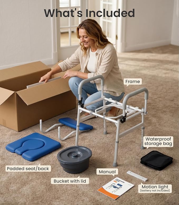 Vocic Drop Arm Bedside Commodes for Adults/Seniors/Disabled Users, YR11 LITE | Wide Adjust to 22.8" | Height Adjust to 23" | 400lb Capacity | Padded Seat | Motion Light | 6.3Qt Bucket with Lid