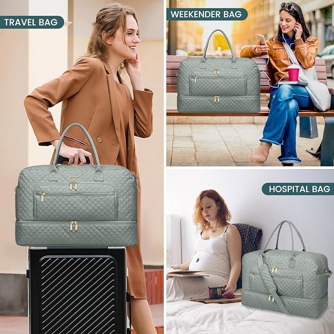 Travel Duffle Bag Weekender for Women - 38L Carry-On Overnight Personal Item Bag with Shoe Compartment & Wet Pocket Weekend Tote Bags with Toiletry Hospital Bags for Labor and Delivery