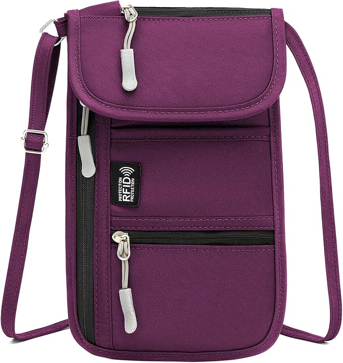 RFID Blocking Passport Holder for Travel Neck Wallet (Purple) | Passport Holder with Adjustable Lanyard 6 Compartments Pouches Passport Wallet