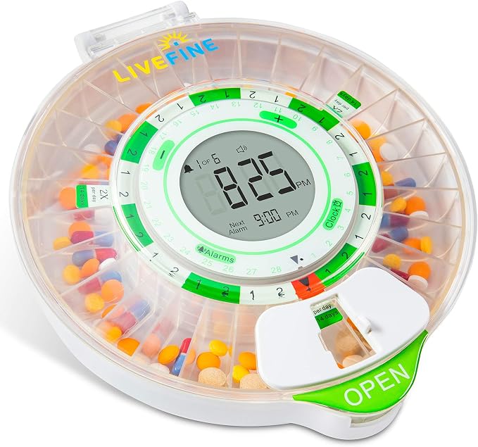 Live Fine 4-Week Pill Dispenser, Locking Pill Organizer, Clear Lid | Medication Organizer, 9 Dosage Rings, Jumbo LCD Display, Audio & Visual Alerts, Lockable Medicine Box