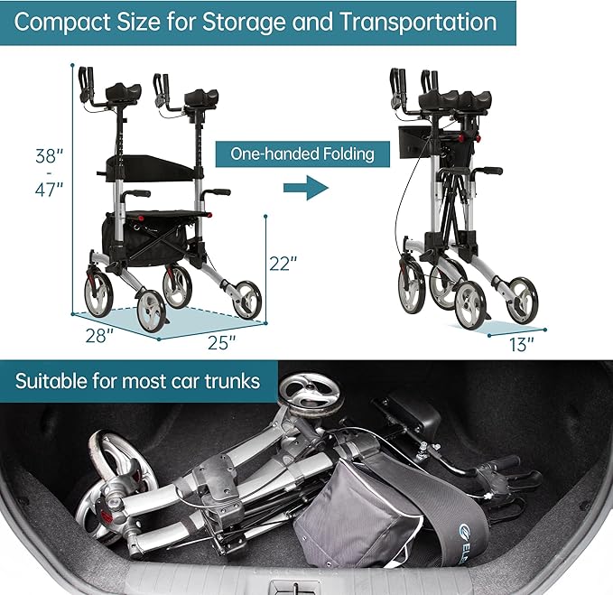 ELENKER Upright Walker, Stand Up Folding Rollator Walker with 10” Front Wheels Backrest Seat and Padded Armrests for Seniors and Adults, Silver