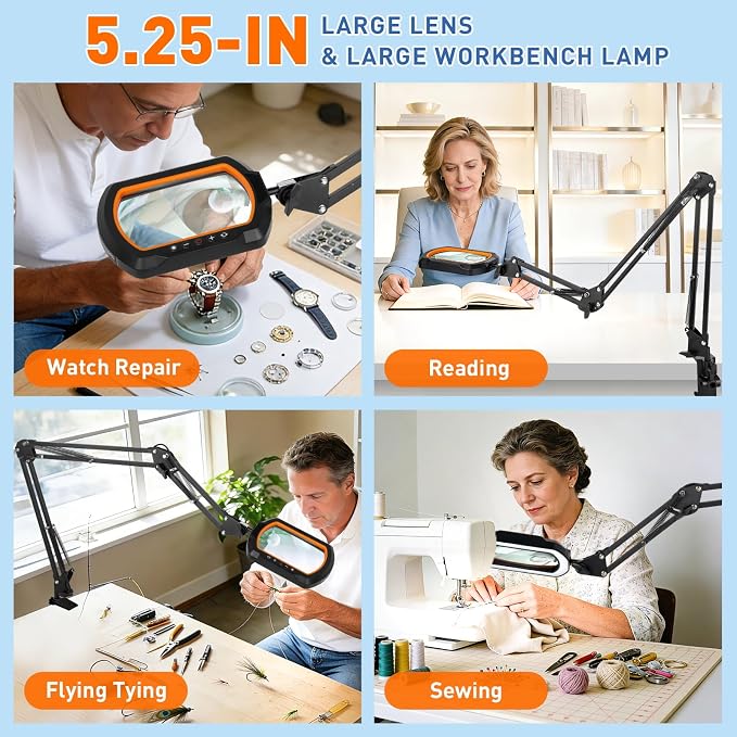 HITTI 30X & 12X Square Magnifying Glass with Light and Clamp, Hands Free | 3-Section Arm, 5 Color Modes, Stepless Dimming, LED Desk Lamp for Soldering, Jewelry Making, Crafting, Fly Tying-Yellow