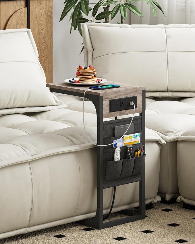 TUTOTAK C Shaped End Table with Charging Station, Side Table for Sofa | Couch Table with Storage Bag, TV Tray with 2 USB Ports and Outlets, Set of 2, Living Room and Bedroom, Greige TB01BG0242