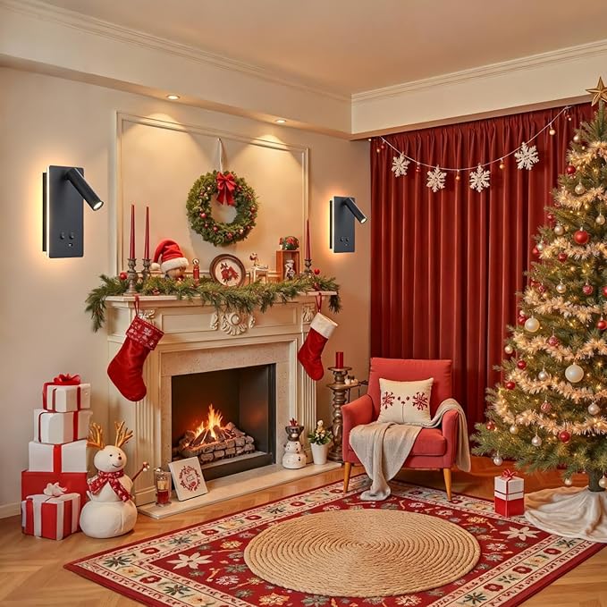 LED Wall Mounted Reading Lights for Books in Bed, Plug in Wall Sconce with USB C+A Ports & 3 Brightness Dimmable, Black Wall Lamps for Bedroom, Headboard Bedside Lamp with 9W+3W Night Light (2 pack)