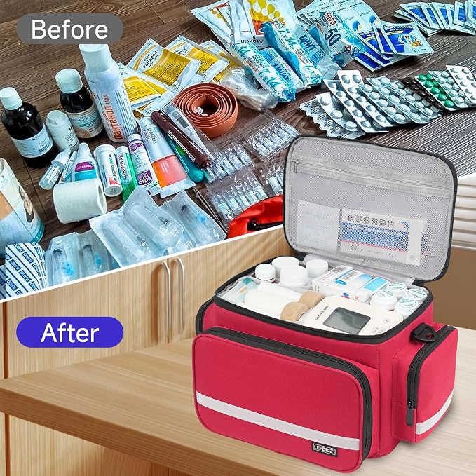 LEFOR·Z Small Medical Bag,First Aid Bag Empty,Home Health Nurse Bag with Detachable Divider,Medical Supplies Storage Tote for Nursing Student,Therapist,Doctors,Red(11.7x7.6x8inch)