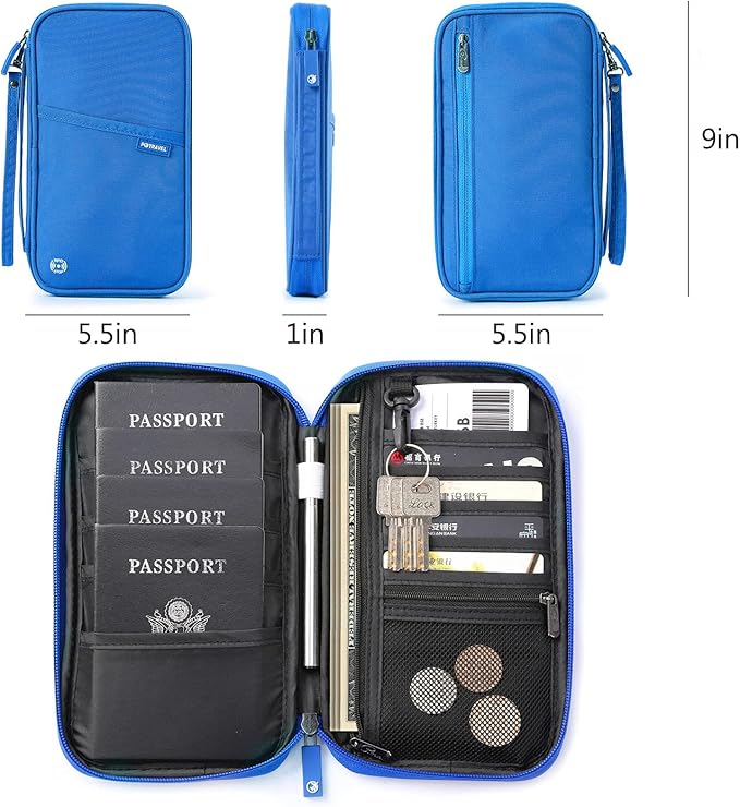 VanFn RFID Travel Passport Wallet, Family Passport Holder, Trip Document Organizer P.Travel Series (Nylon - Blue)