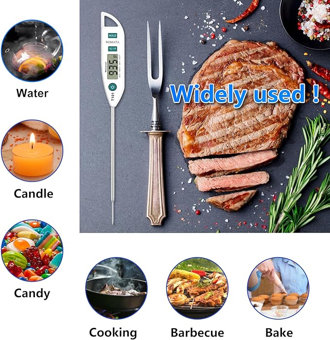 BOMATA Digital Water Thermometer for Liquid, Meat, Cooking, IPX7 Waterproof | Instant Read Food Thermometer, 5in Long Probe for Candle, Water, Meat, BBQ! T101 (White Color)…