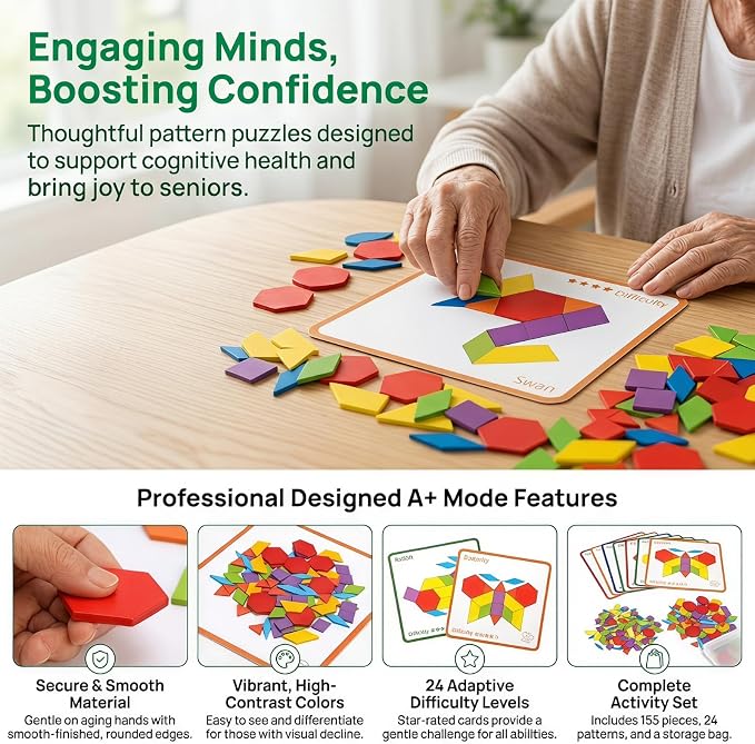 Activities for Dementia Patients 155 Pcs Wooden Tangrams Puzzle for Seniors with Alzheimer's Memory Board for Dementia Elderly Tile Memory Cognitive Gift Dementia Must Haves