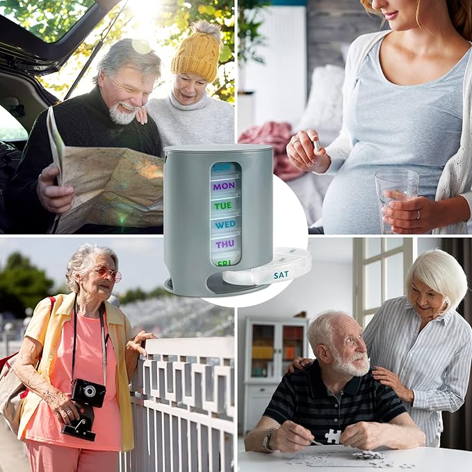 MEDca Weekly Pill Organizer, 1 Dispenser, 7 Stackable Compartments Four Times-a-Day - Morning, Noon, Evening, and Bedtime, Grey